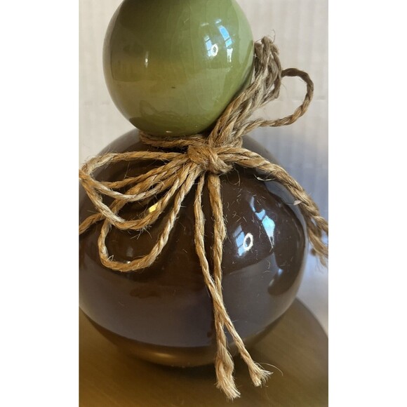 Vintage MCM Pillar Candle Holder Pair Green Brown Gold Stacked Round Minimalist - Picture 5 of 11